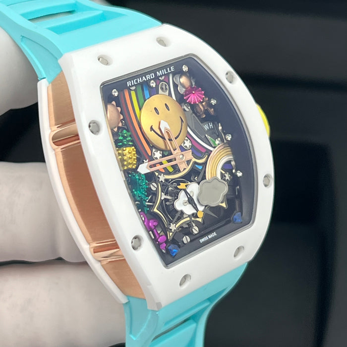 Richard Mille RM88 Smiley Tourbillon Art Watch – White Ceramic & Blue Strap | Swiss Super Clone Automatic Skeleton