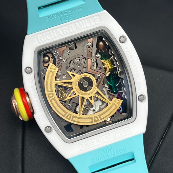 Richard Mille RM88 Smiley Tourbillon Art Watch – White Ceramic & Blue Strap | Swiss Super Clone Automatic Skeleton