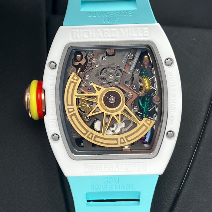 Richard Mille RM88 Smiley Tourbillon Art Watch – White Ceramic & Blue Strap | Swiss Super Clone Automatic Skeleton