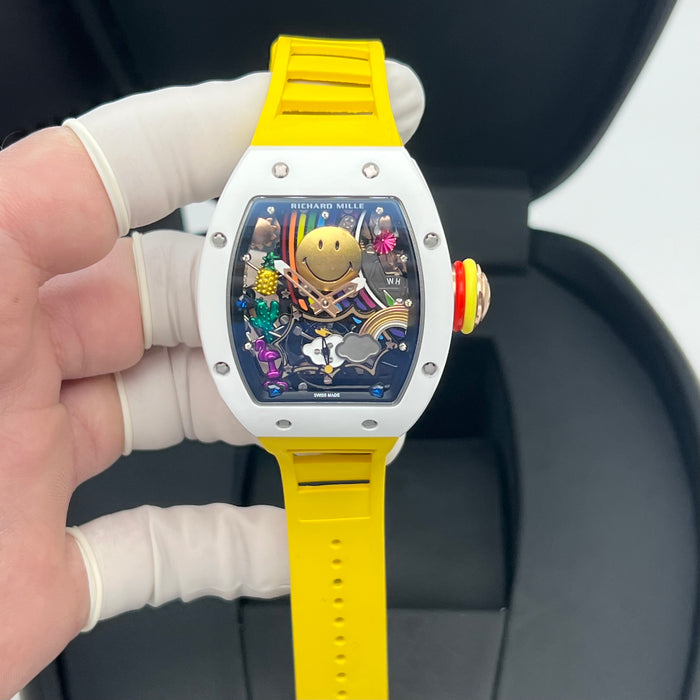Richard Mille RM88 Smiley Art Skeleton Watch – White Ceramic & Yellow Strap | Swiss Super Clone Automatic