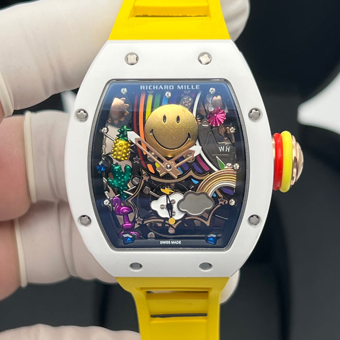 Richard Mille RM88 Smiley Art Skeleton Watch – White Ceramic & Yellow Strap | Swiss Super Clone Automatic