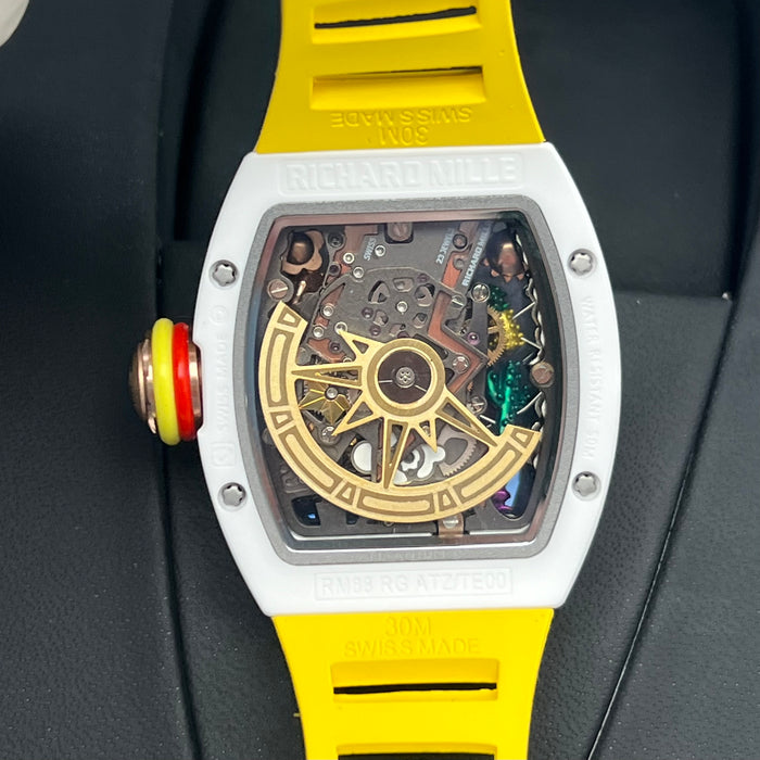 Richard Mille RM88 Smiley Art Skeleton Watch – White Ceramic & Yellow Strap | Swiss Super Clone Automatic