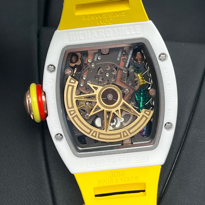 Richard Mille RM88 Smiley Art Skeleton Watch – White Ceramic & Yellow Strap | Swiss Super Clone Automatic