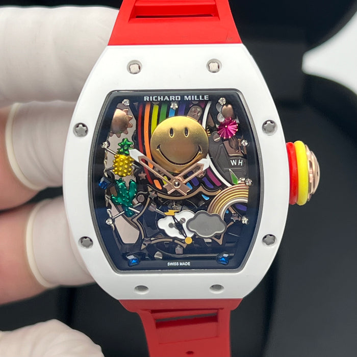 Richard Mille RM88 Smiley Art Skeleton Watch – White Ceramic & Red Strap | Swiss Super Clone Automatic