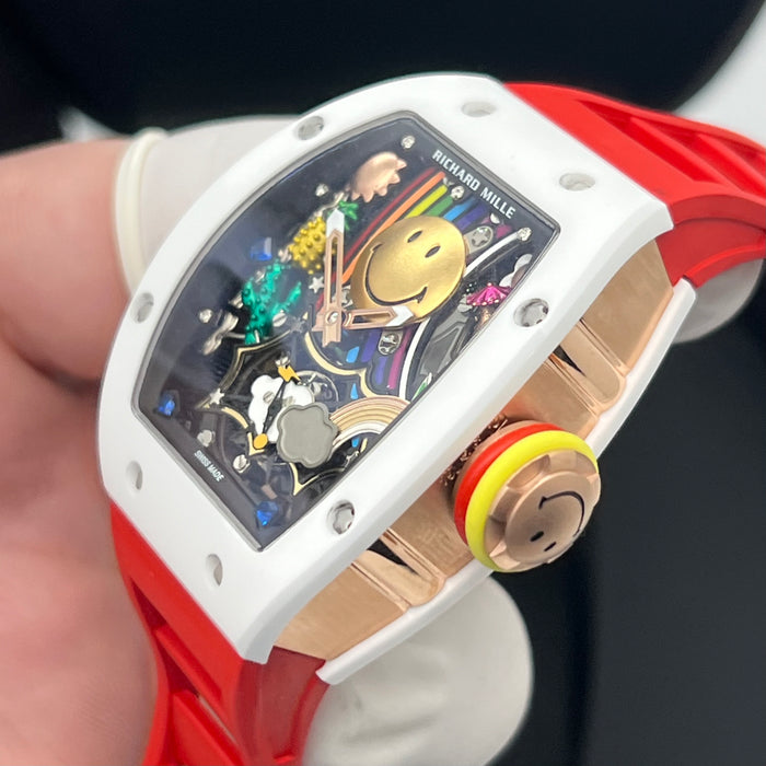 Richard Mille RM88 Smiley Art Skeleton Watch – White Ceramic & Red Strap | Swiss Super Clone Automatic