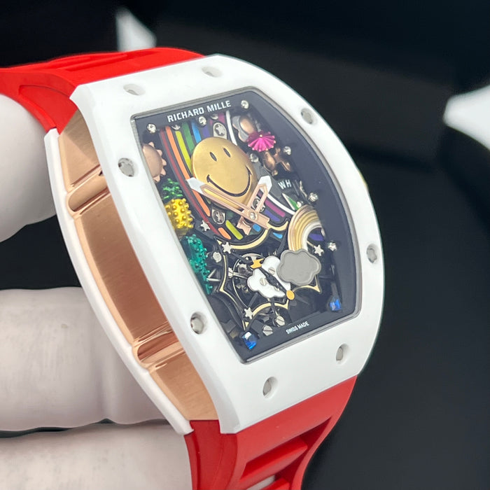 Richard Mille RM88 Smiley Art Skeleton Watch – White Ceramic & Red Strap | Swiss Super Clone Automatic