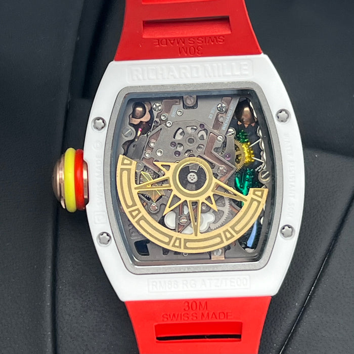 Richard Mille RM88 Smiley Art Skeleton Watch – White Ceramic & Red Strap | Swiss Super Clone Automatic