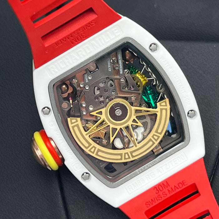 Richard Mille RM88 Smiley Art Skeleton Watch – White Ceramic & Red Strap | Swiss Super Clone Automatic