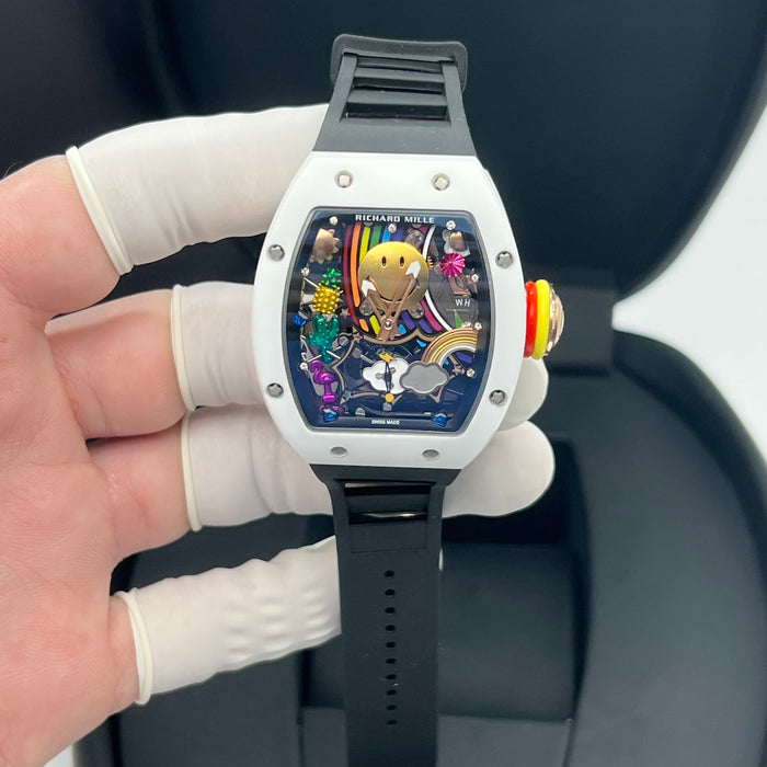 Richard Mille RM88 Smiley Art Skeleton Watch – White Ceramic & Black Strap | Swiss Super Clone Automatic