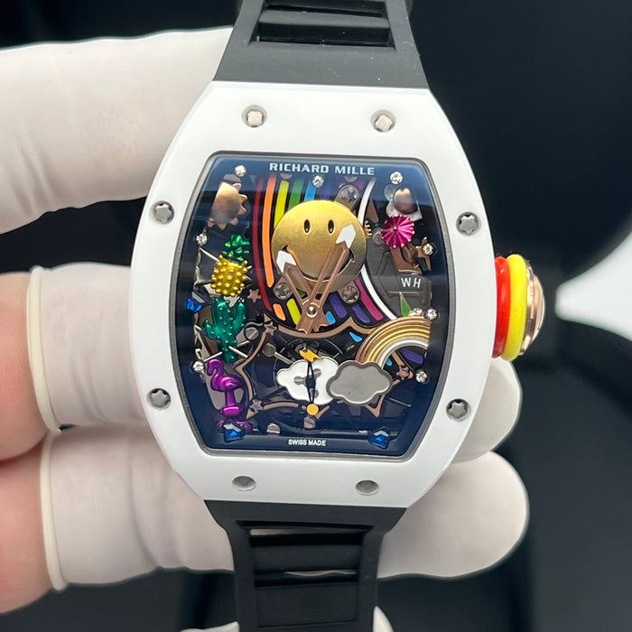 Richard Mille RM88 Smiley Art Skeleton Watch – White Ceramic & Black Strap | Swiss Super Clone Automatic