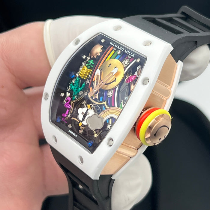 Richard Mille RM88 Smiley Art Skeleton Watch – White Ceramic & Black Strap | Swiss Super Clone Automatic