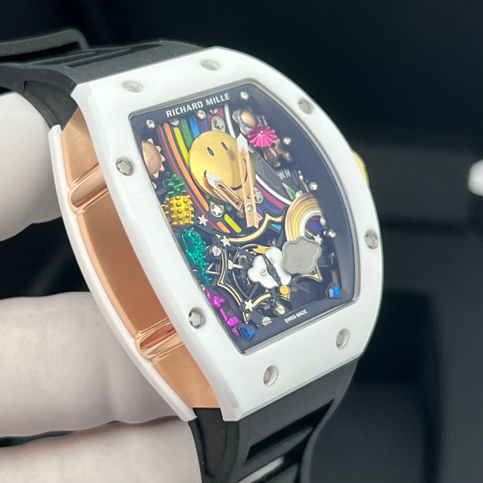 Richard Mille RM88 Smiley Art Skeleton Watch – White Ceramic & Black Strap | Swiss Super Clone Automatic