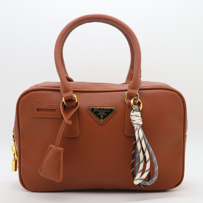 Prada Saffiano Leather Bowling Bag in Cognac with Gold Hardware