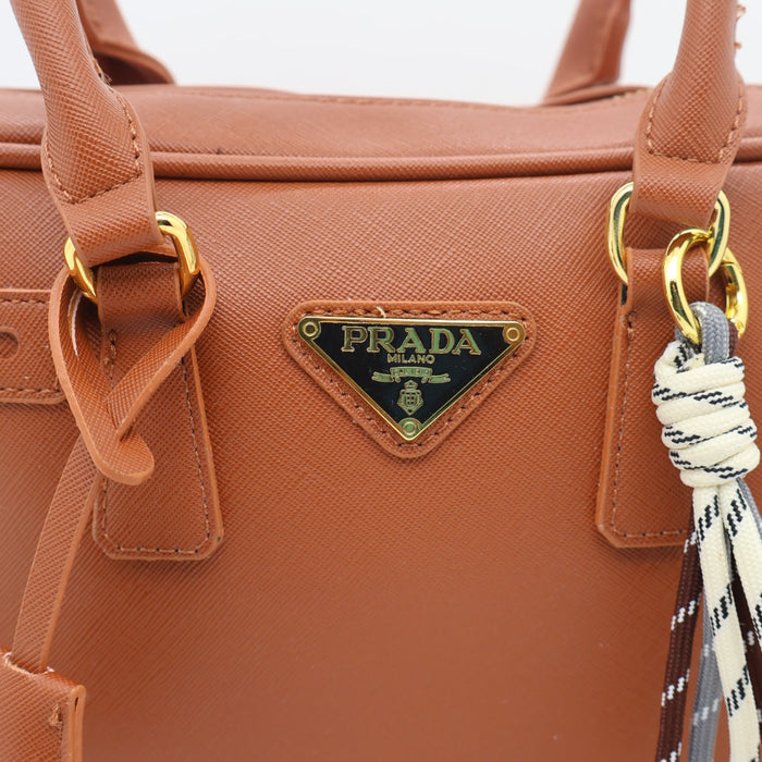 Prada Saffiano Leather Bowling Bag in Cognac with Gold Hardware