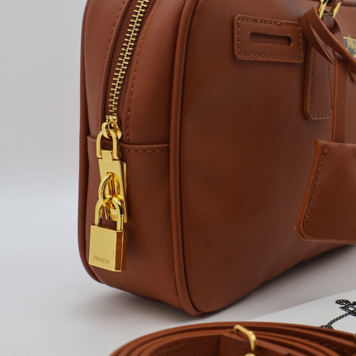 Prada Saffiano Leather Bowling Bag in Cognac with Gold Hardware