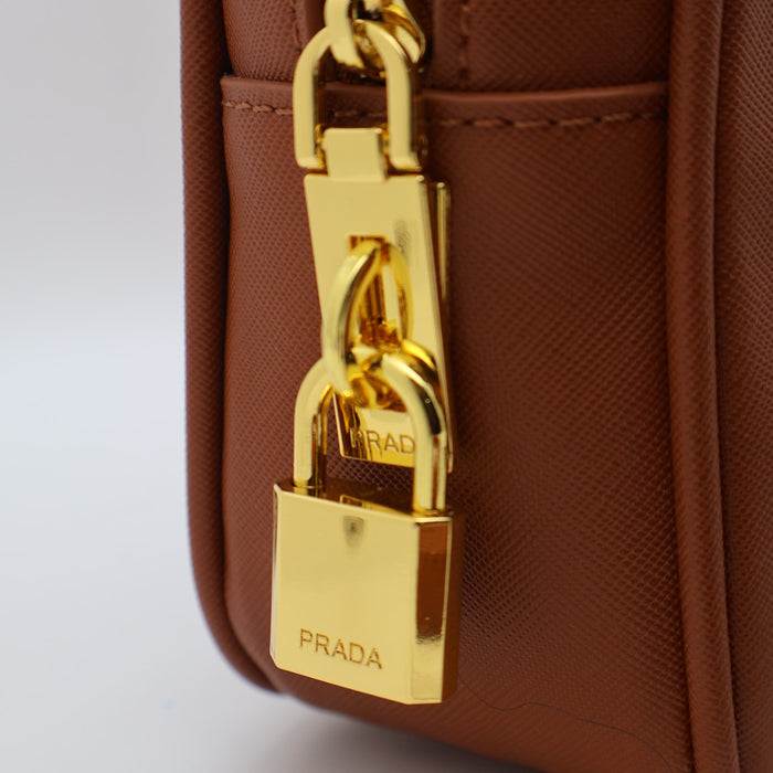 Prada Saffiano Leather Bowling Bag in Cognac with Gold Hardware