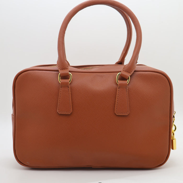 Prada Saffiano Leather Bowling Bag in Cognac with Gold Hardware