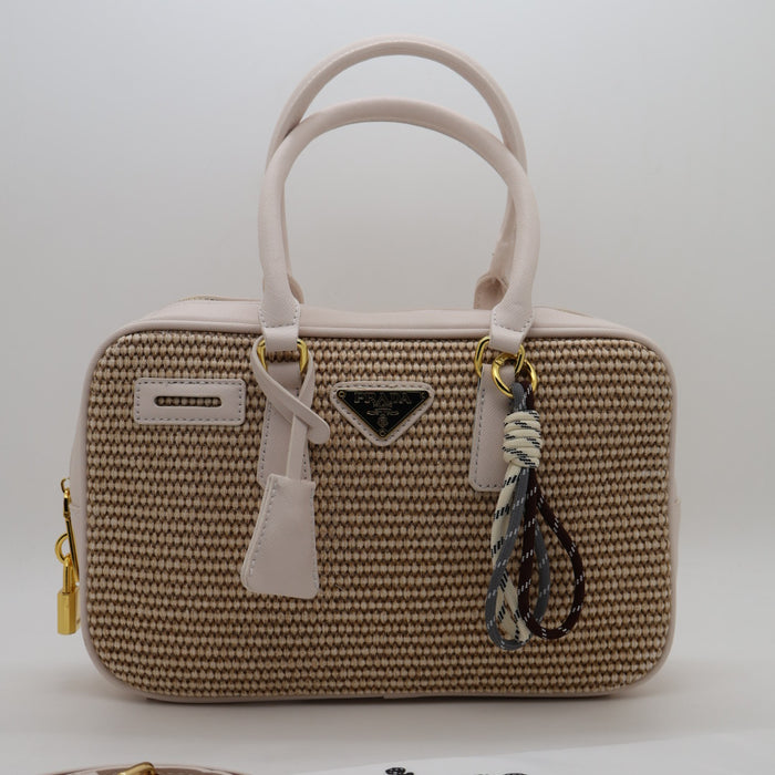 Prada Saffiano Leather Bowling Bag in Cognac with Gold Hardware