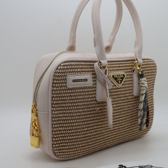 Prada Saffiano Leather Bowling Bag in Cognac with Gold Hardware