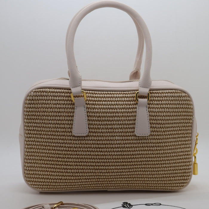 Prada Saffiano Leather Bowling Bag in Cognac with Gold Hardware