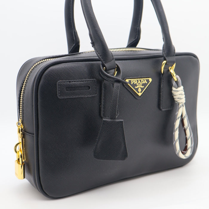 Prada Saffiano Leather Bowling Bag in Cognac with Gold Hardware