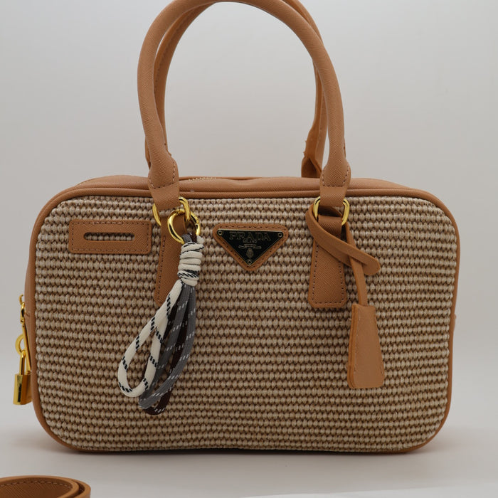 Prada Saffiano Leather Bowling Bag in Cognac with Gold Hardware