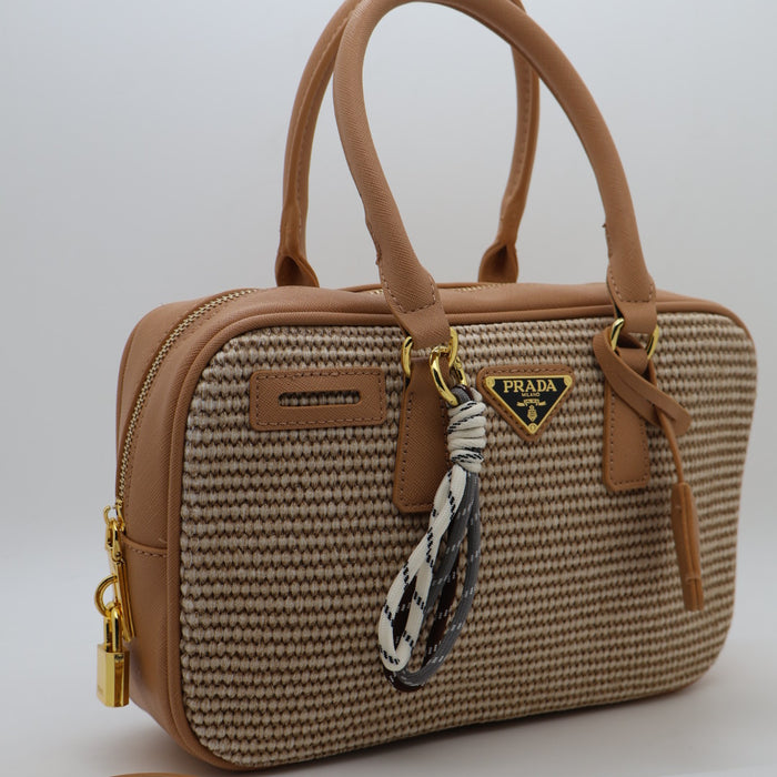 Prada Saffiano Leather Bowling Bag in Cognac with Gold Hardware