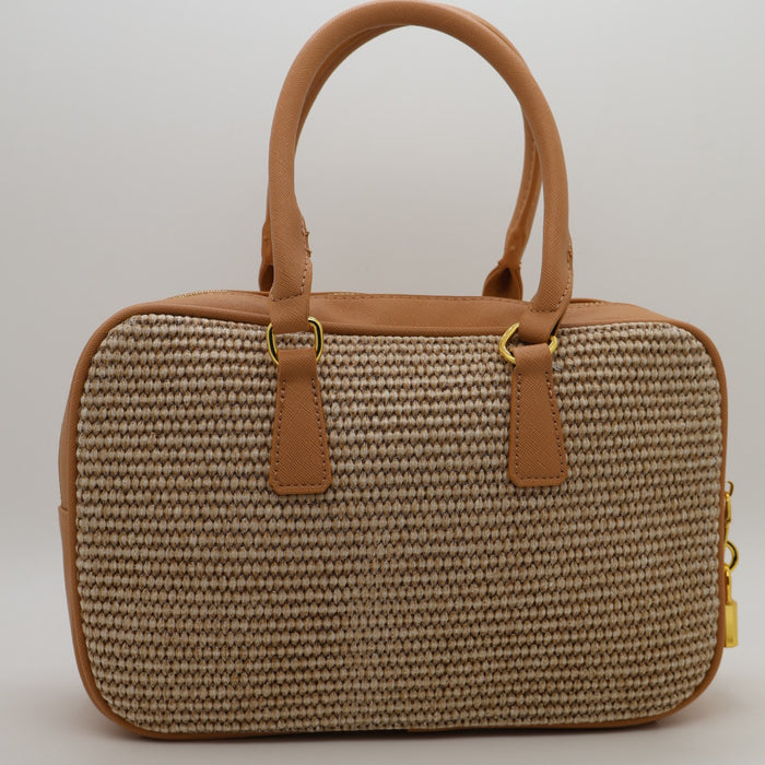 Prada Saffiano Leather Bowling Bag in Cognac with Gold Hardware