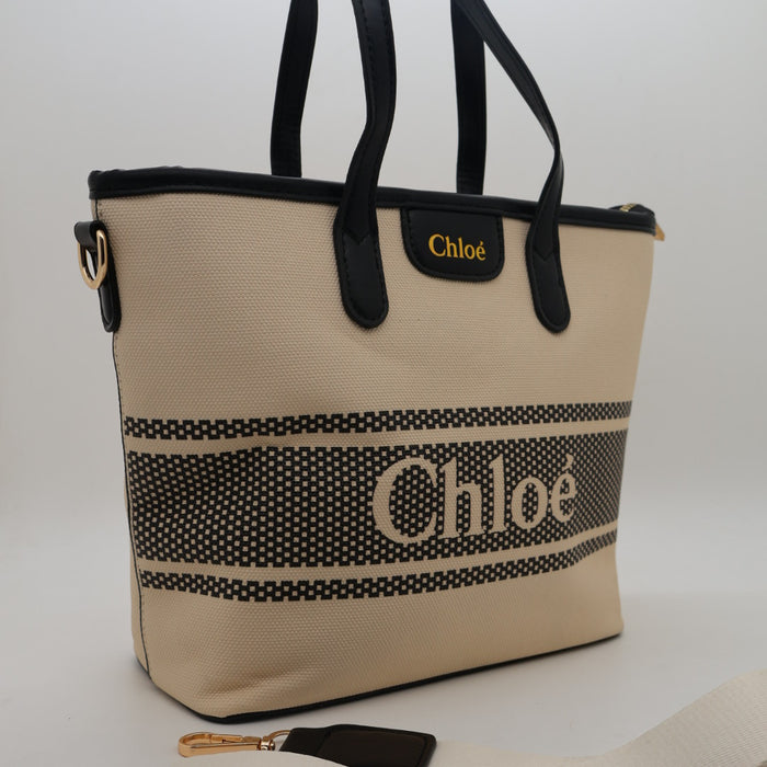 Chloé Canvas Tote Bag with Black Leather Trim