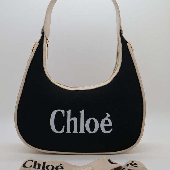 Chloé Shoulder Bag – Black Canvas with Cream Trim
