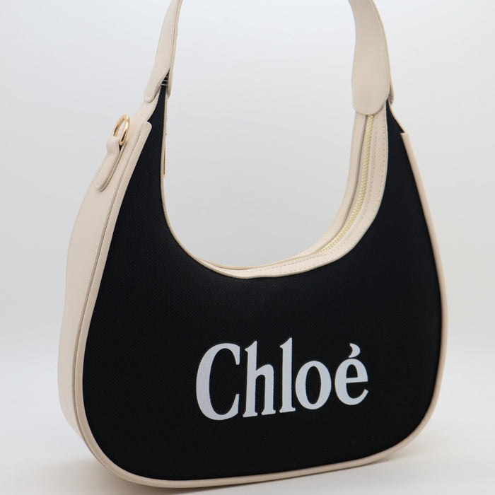 Chloé Shoulder Bag – Black Canvas with Cream Trim