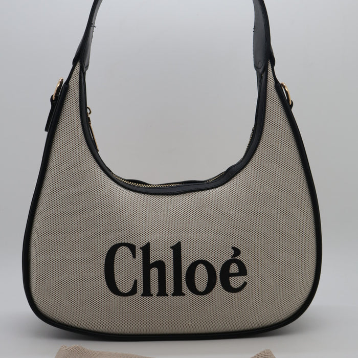 Chloé Shoulder Bag – Black Canvas with Cream Trim
