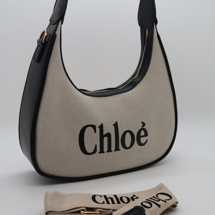 Chloé Shoulder Bag – Black Canvas with Cream Trim