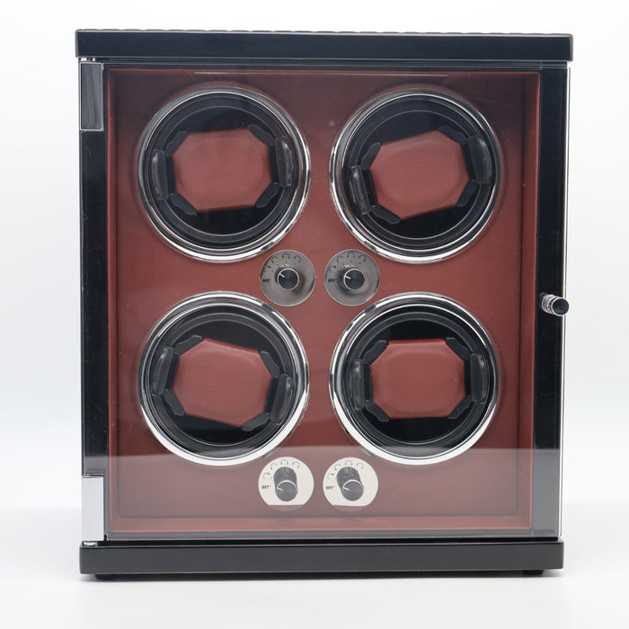 Premium 4-Watch Automatic Winder – Gloss Black Exterior with Brown Leather Interior