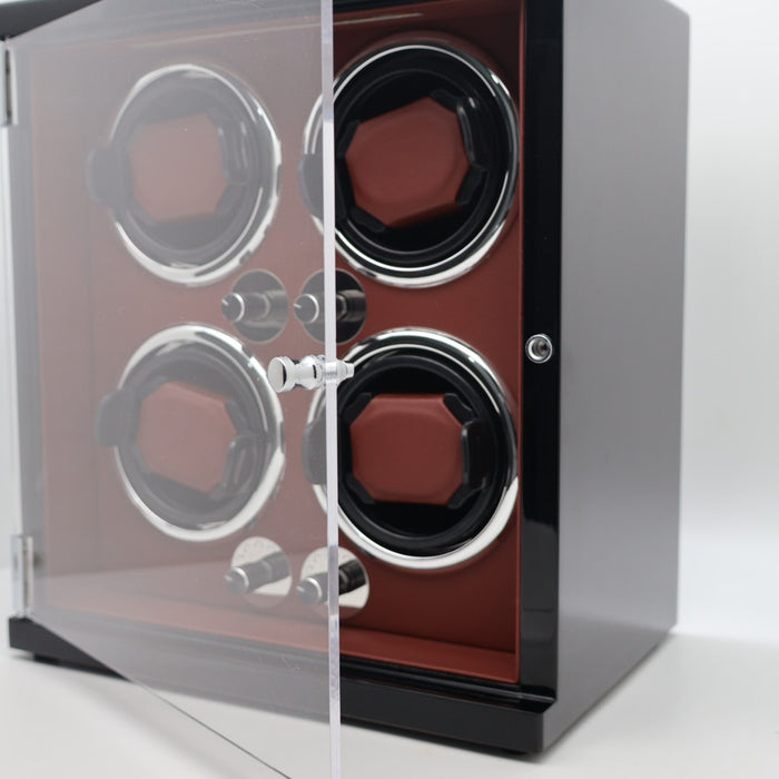 Premium 4-Watch Automatic Winder – Gloss Black Exterior with Brown Leather Interior
