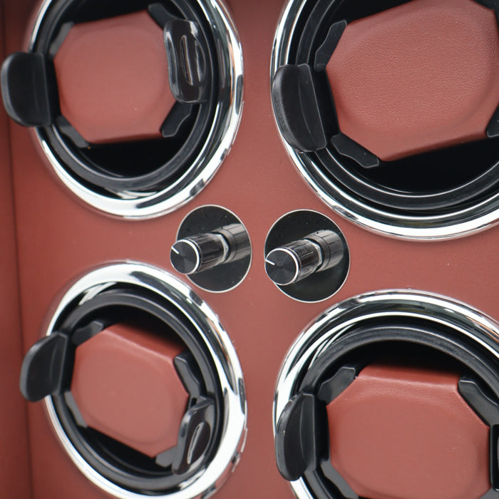 Premium 4-Watch Automatic Winder – Gloss Black Exterior with Brown Leather Interior