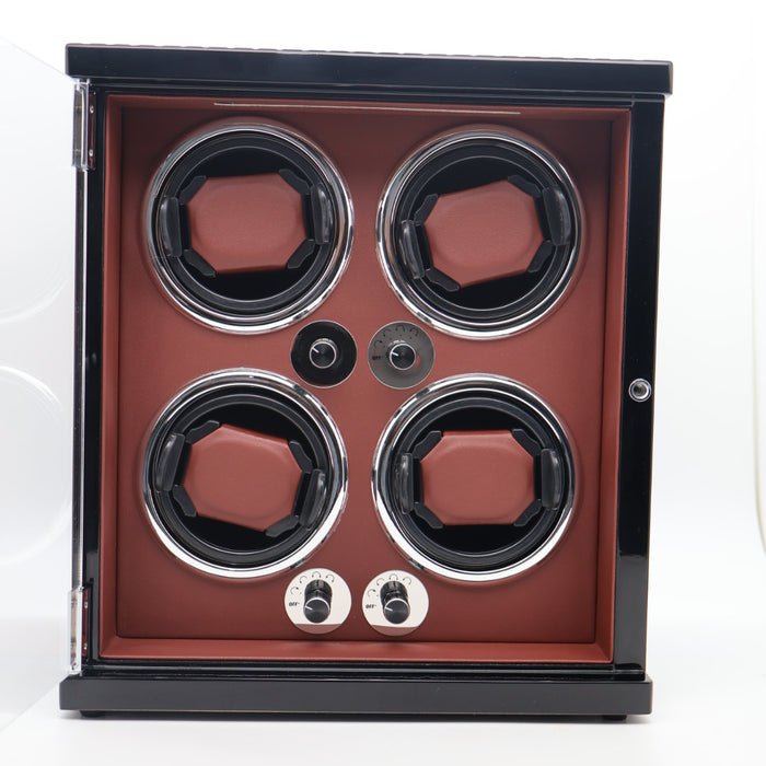 Premium 4-Watch Automatic Winder – Gloss Black Exterior with Brown Leather Interior