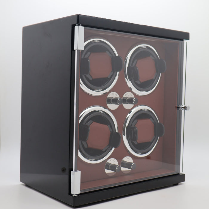 Premium 4-Watch Automatic Winder – Gloss Black Exterior with Brown Leather Interior