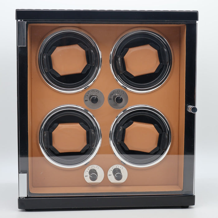 Elegant 4-Slot Automatic Watch Winder – Gloss Black with Tan Leather Interior