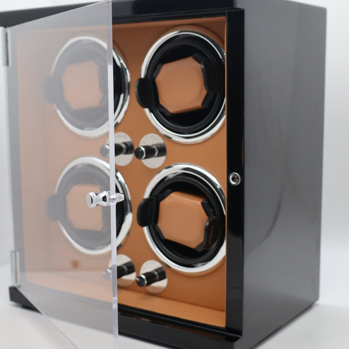 Elegant 4-Slot Automatic Watch Winder – Gloss Black with Tan Leather Interior