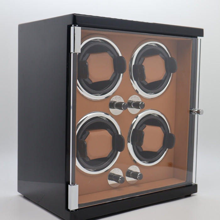 Elegant 4-Slot Automatic Watch Winder – Gloss Black with Tan Leather Interior