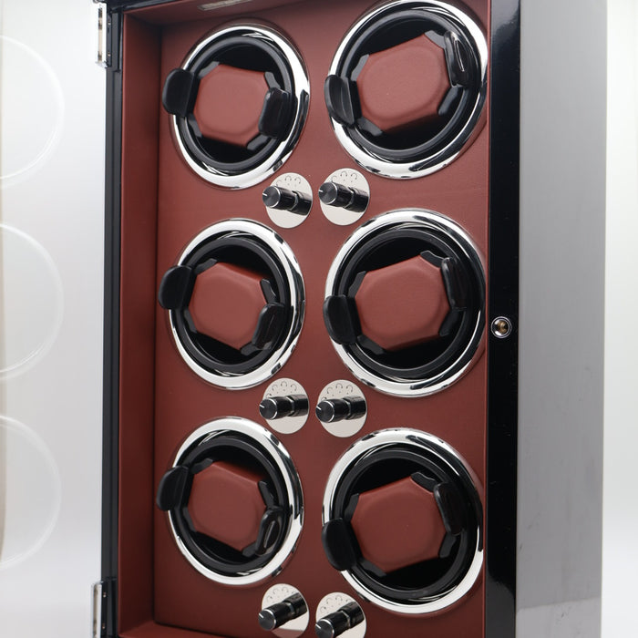 Deluxe Watch Winder – 6 Slots (Black Gloss & Burgundy Interior)