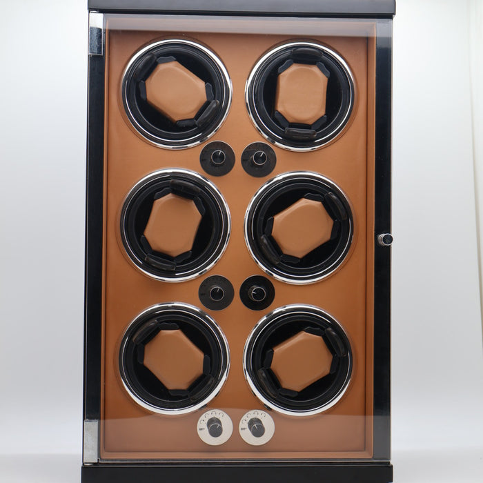 Executive Watch Winder – 6 Slots (Camel Leather & Black Gloss Frame)