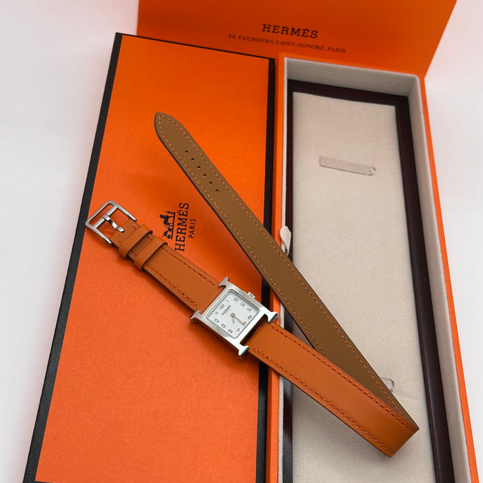 Hermes Heure H Silver With Orange Strap Watch