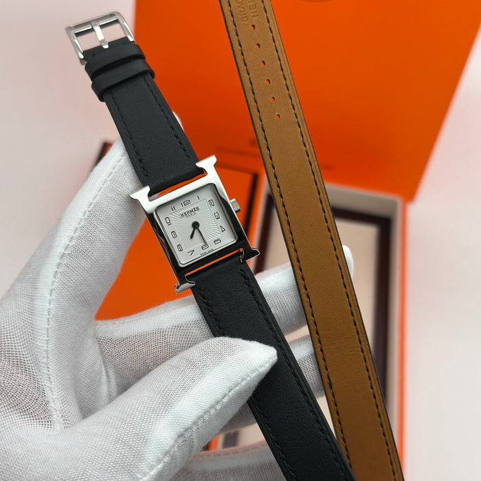 Hermes Heure H Silver With Black Strap Watch