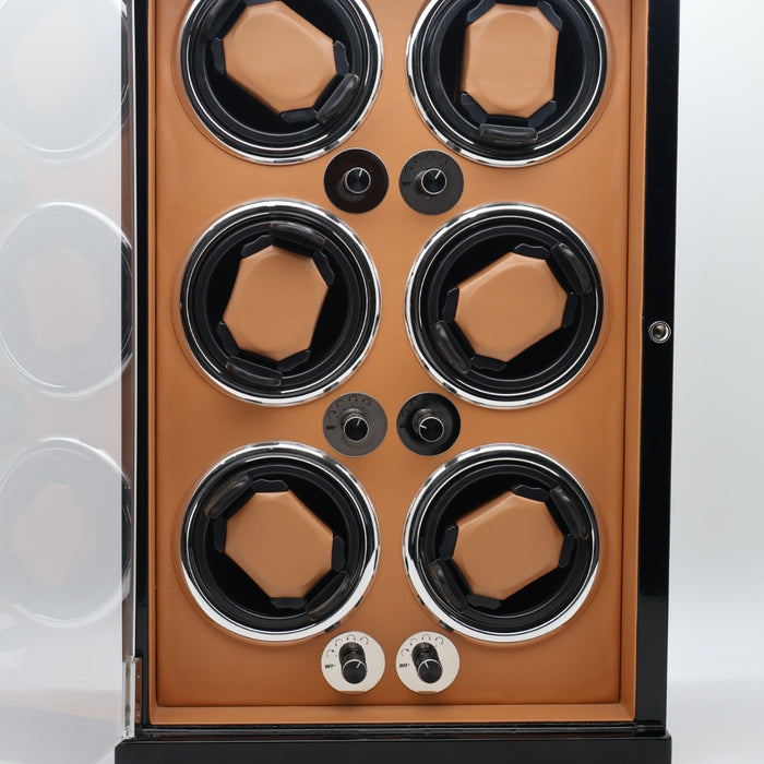 Executive Watch Winder – 6 Slots (Camel Leather & Black Gloss Frame)