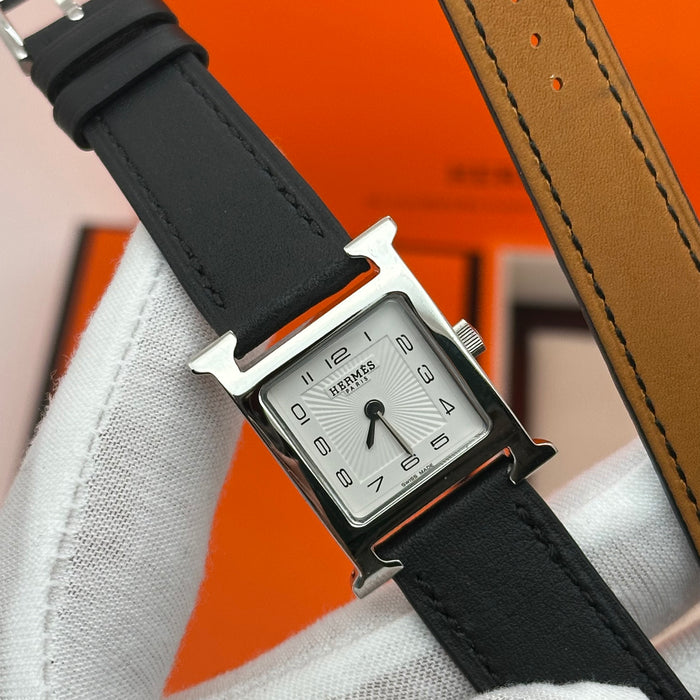 Hermes Heure H Silver With Black Strap Watch