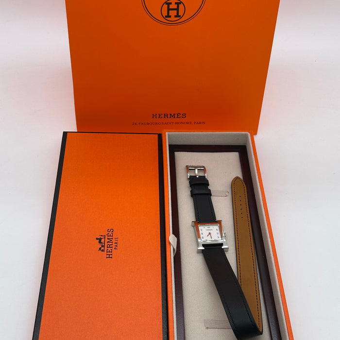 Hermes Heure H Silver With Black Strap Watch