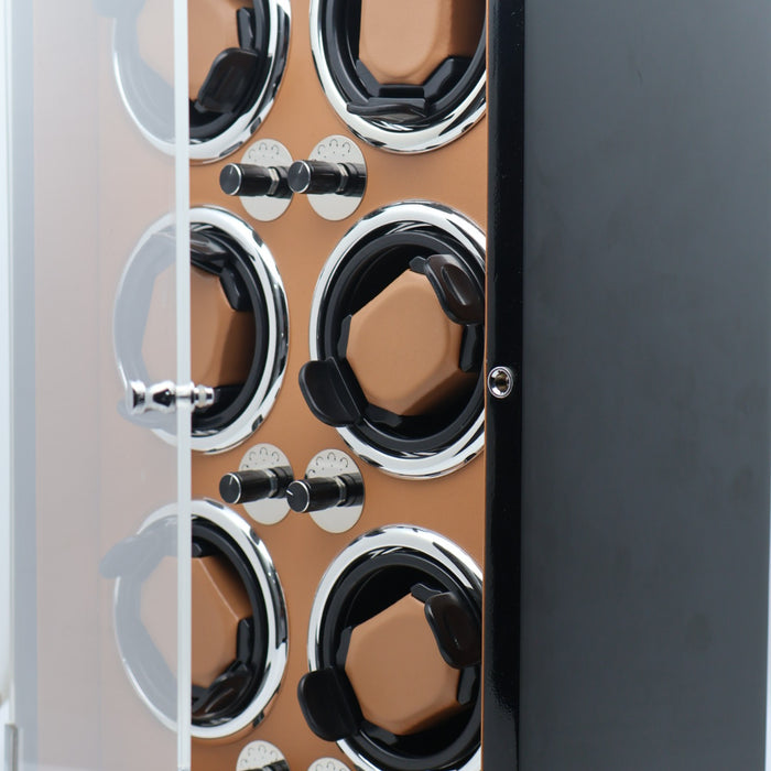 Executive Watch Winder – 6 Slots (Camel Leather & Black Gloss Frame)