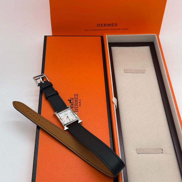 Hermes Heure H Silver With Black Strap Watch